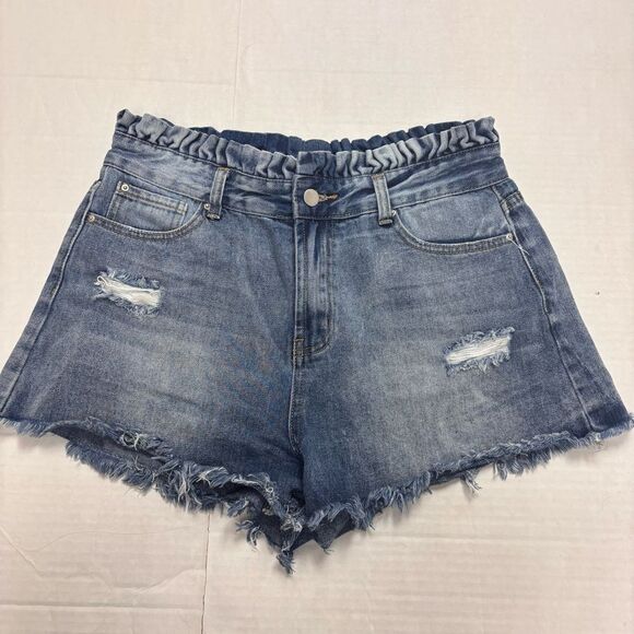 Hayden Medium Wash Scrunch Waist Denim Shorts Size Large Raw Hem - Picture 1 of 11